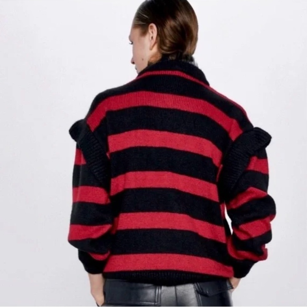 Zara Red/Black Striped Mohair Knit Sweater Detachable Tulle Collar NWT S - Picture 2 of 15